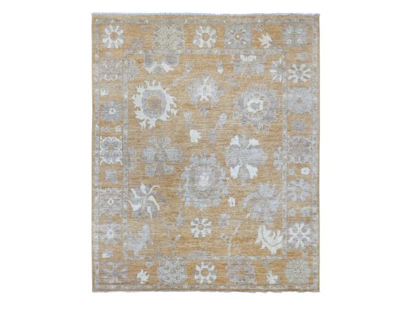 7'10"x9'8" Golden Brown, Afghan Angora Oushak with Large Leaf Design, Natural Dyes, Hand Knotted, 100% Wool, Oriental Rug HR21617