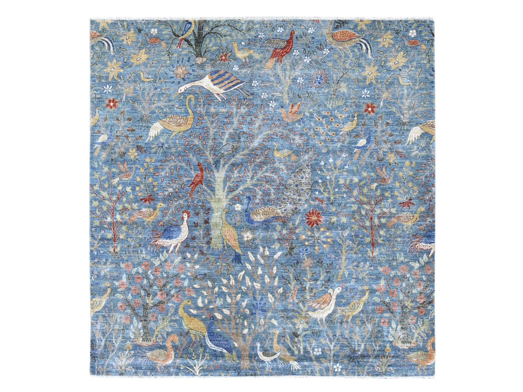 8'2"x8'2" Bayern Blue, Afghan Peshawar with Birds of Paradise Design, Vegetable Dyes, Hand Knotted, Soft and Shiny Wool, Square, Oriental Rug HR21619