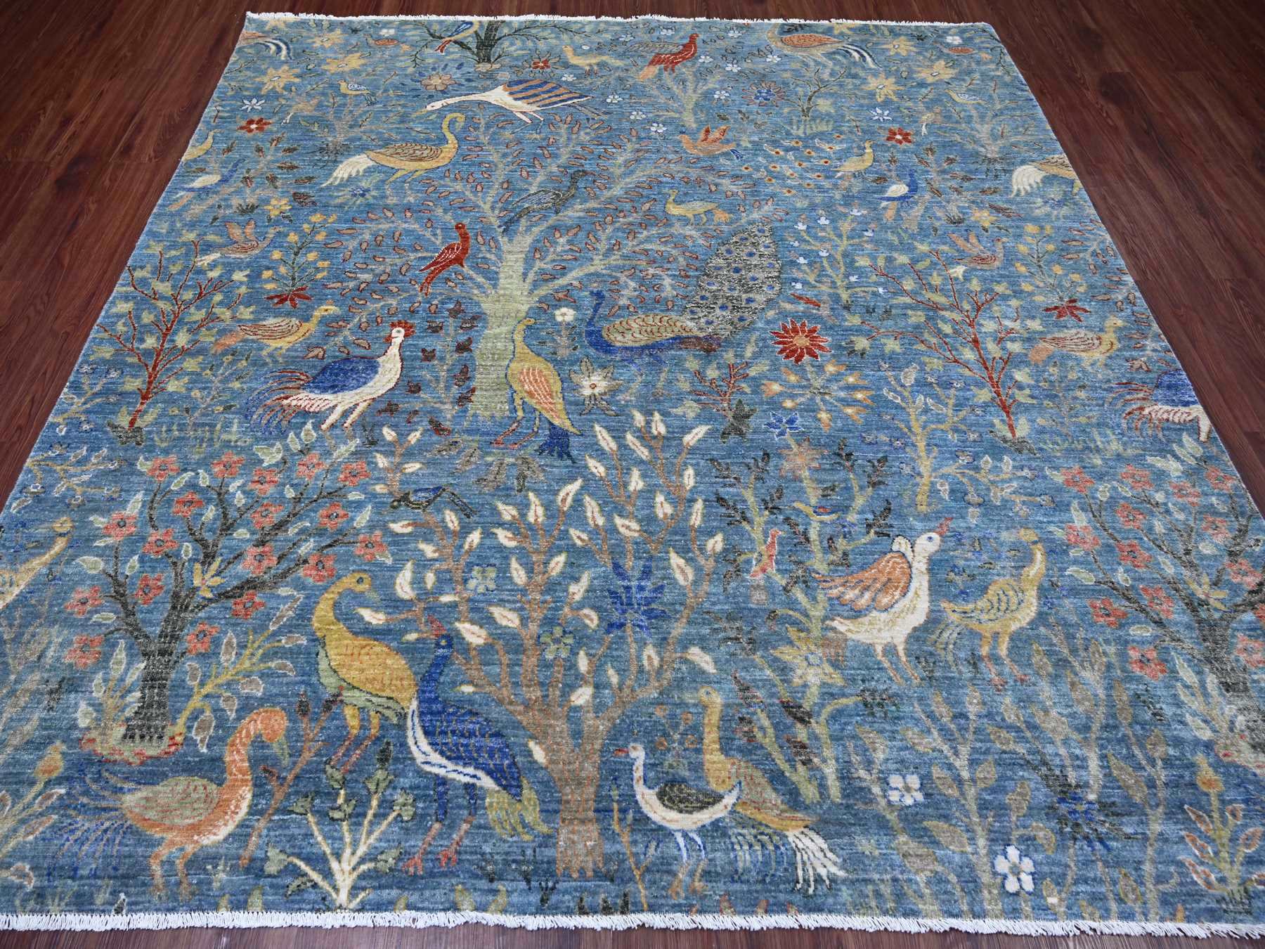 8'2"x8'2" Bayern Blue, Afghan Peshawar with Birds of Paradise Design, Vegetable Dyes, Hand Knotted, Soft and Shiny Wool, Square, Oriental Rug HR21619 - Image 2