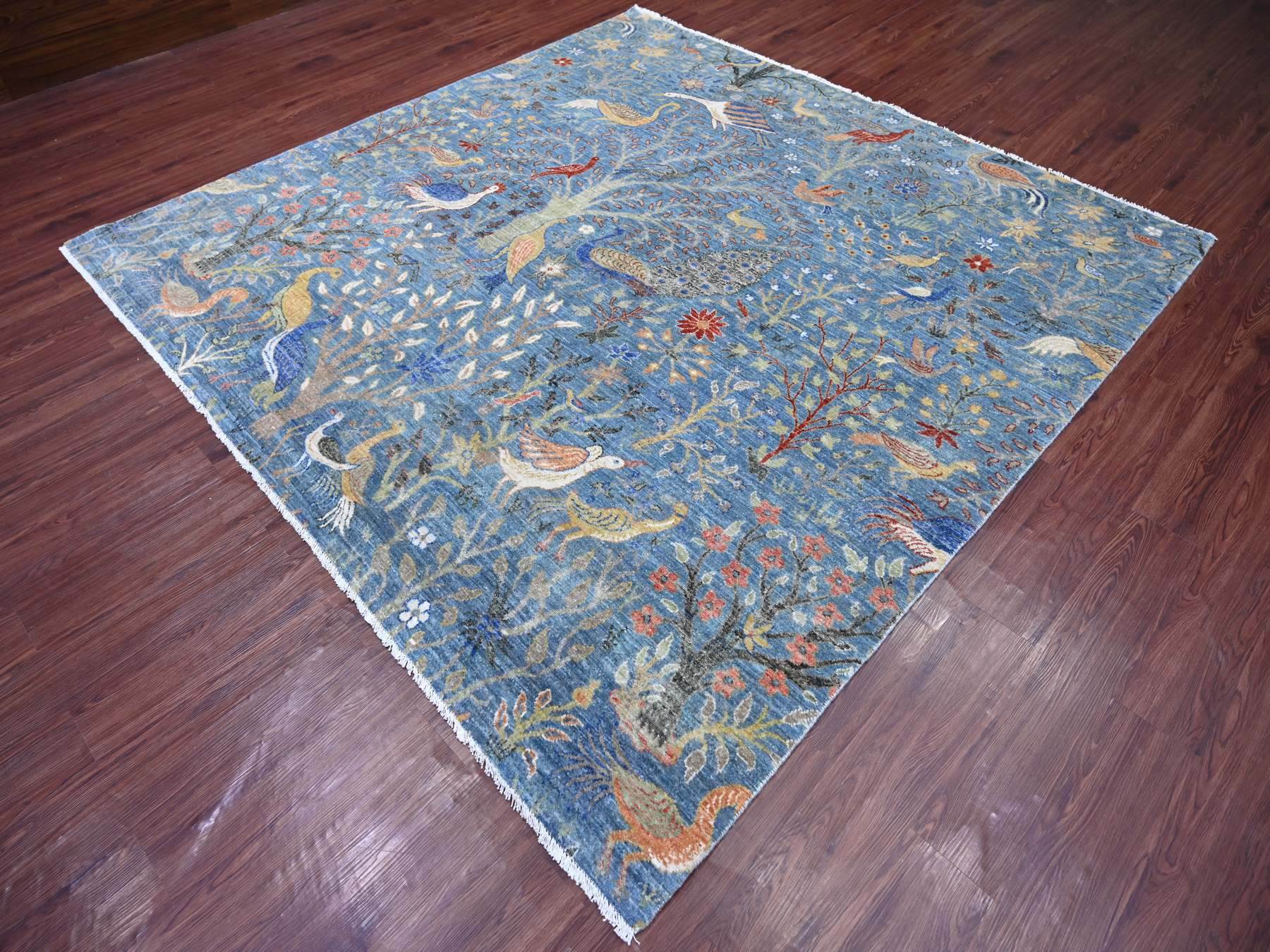 8'2"x8'2" Bayern Blue, Afghan Peshawar with Birds of Paradise Design, Vegetable Dyes, Hand Knotted, Soft and Shiny Wool, Square, Oriental Rug HR21619 - Image 3