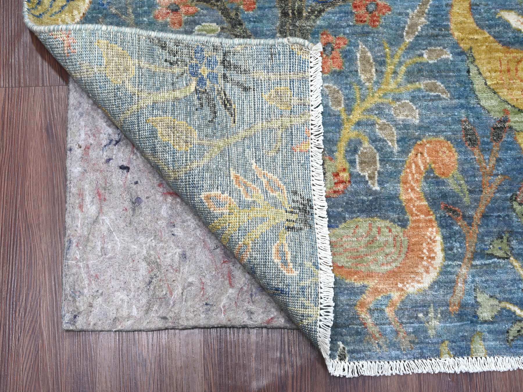 8'2"x8'2" Bayern Blue, Afghan Peshawar with Birds of Paradise Design, Vegetable Dyes, Hand Knotted, Soft and Shiny Wool, Square, Oriental Rug HR21619 - Image 4