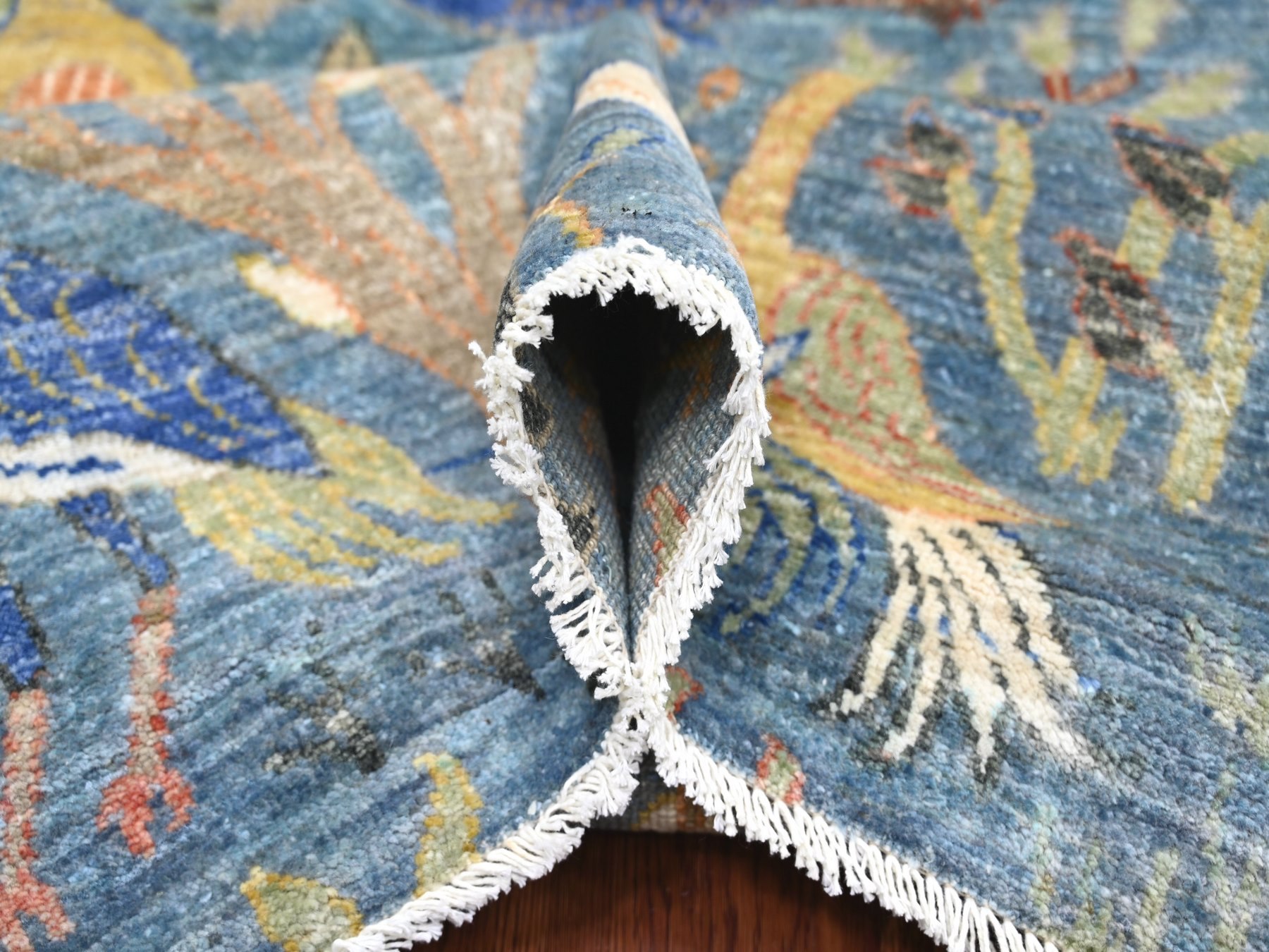 8'2"x8'2" Bayern Blue, Afghan Peshawar with Birds of Paradise Design, Vegetable Dyes, Hand Knotted, Soft and Shiny Wool, Square, Oriental Rug HR21619 - Image 5