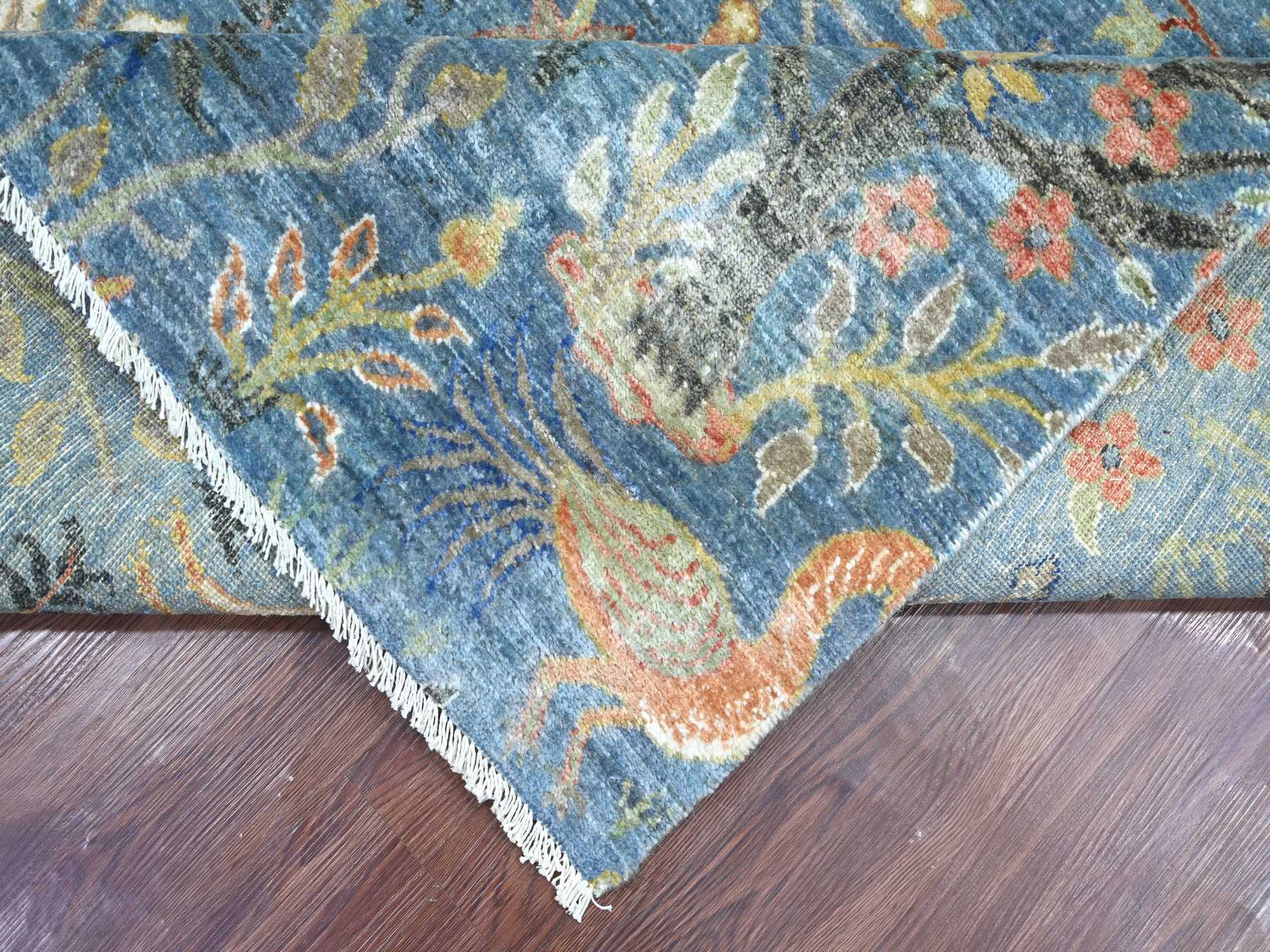 8'2"x8'2" Bayern Blue, Afghan Peshawar with Birds of Paradise Design, Vegetable Dyes, Hand Knotted, Soft and Shiny Wool, Square, Oriental Rug HR21619 - Image 6
