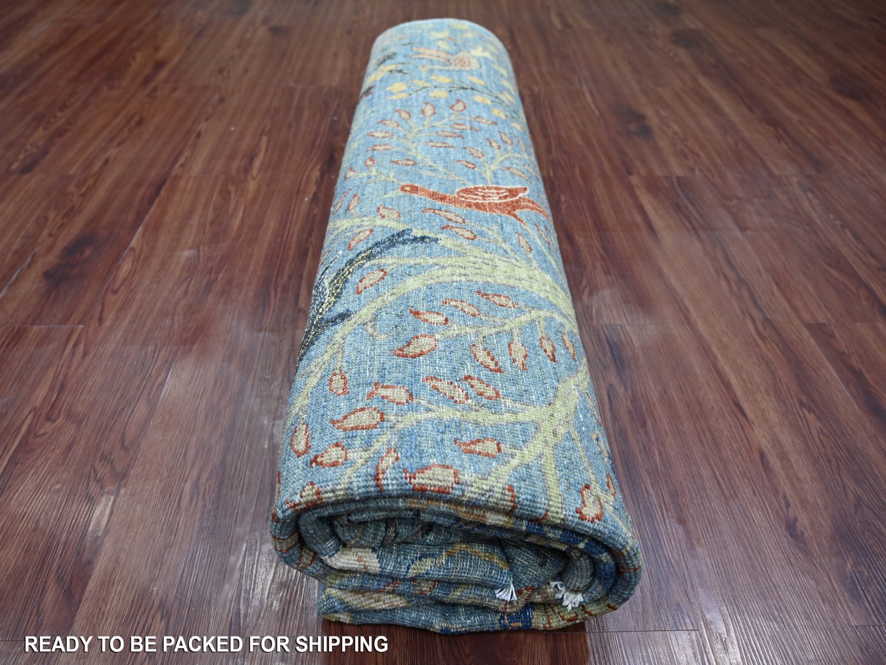 8'2"x8'2" Bayern Blue, Afghan Peshawar with Birds of Paradise Design, Vegetable Dyes, Hand Knotted, Soft and Shiny Wool, Square, Oriental Rug HR21619 - Image 9