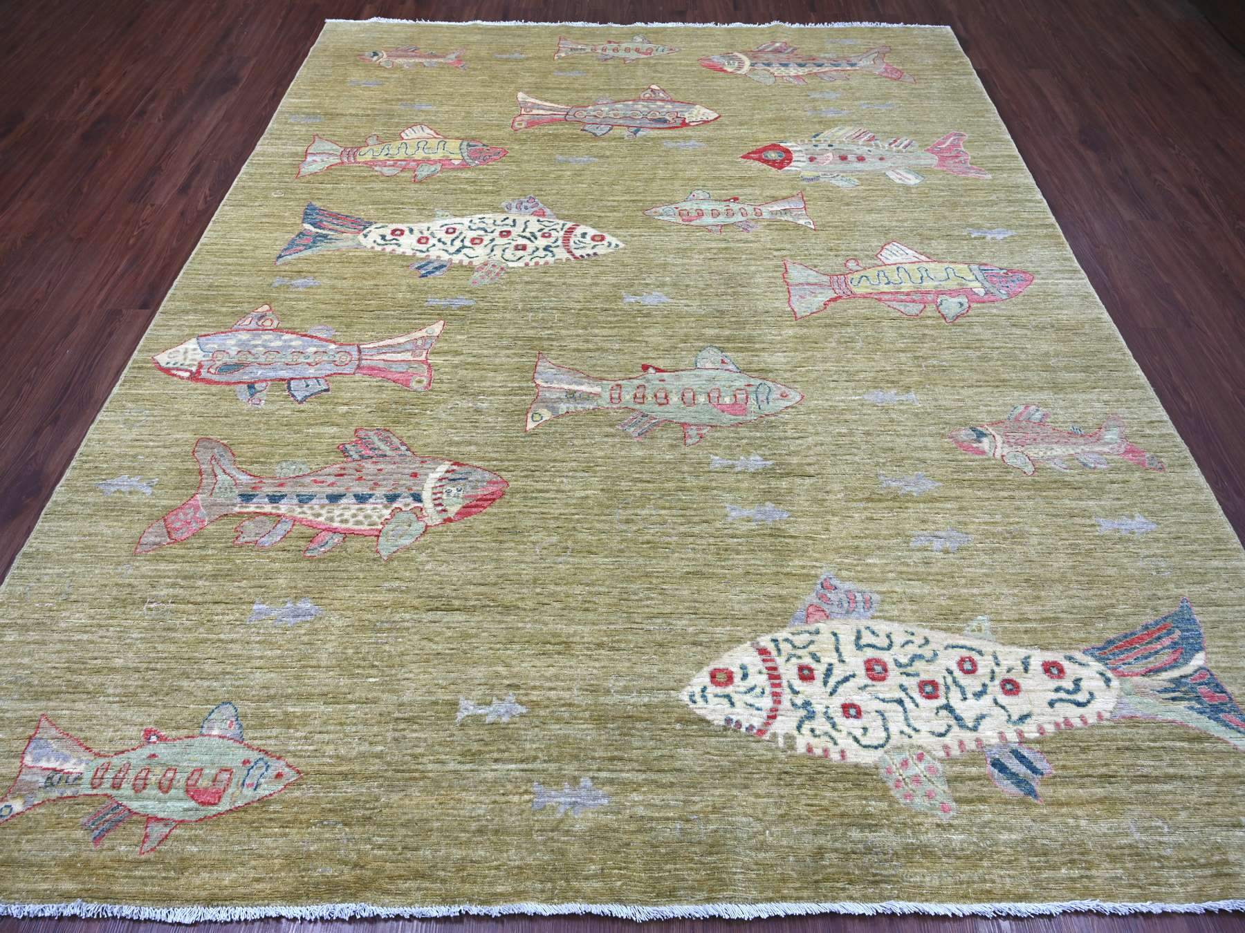 8'2"x9'9" Swamp Green, Hand Knotted, Afghan Peshawar with Colorful Oceanic Fish Design, Natural Dyes, Pure Wool, Oriental Rug HR21620 - Image 2