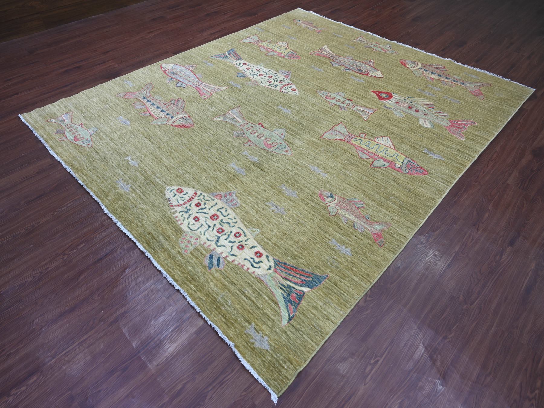 8'2"x9'9" Swamp Green, Hand Knotted, Afghan Peshawar with Colorful Oceanic Fish Design, Natural Dyes, Pure Wool, Oriental Rug HR21620 - Image 3