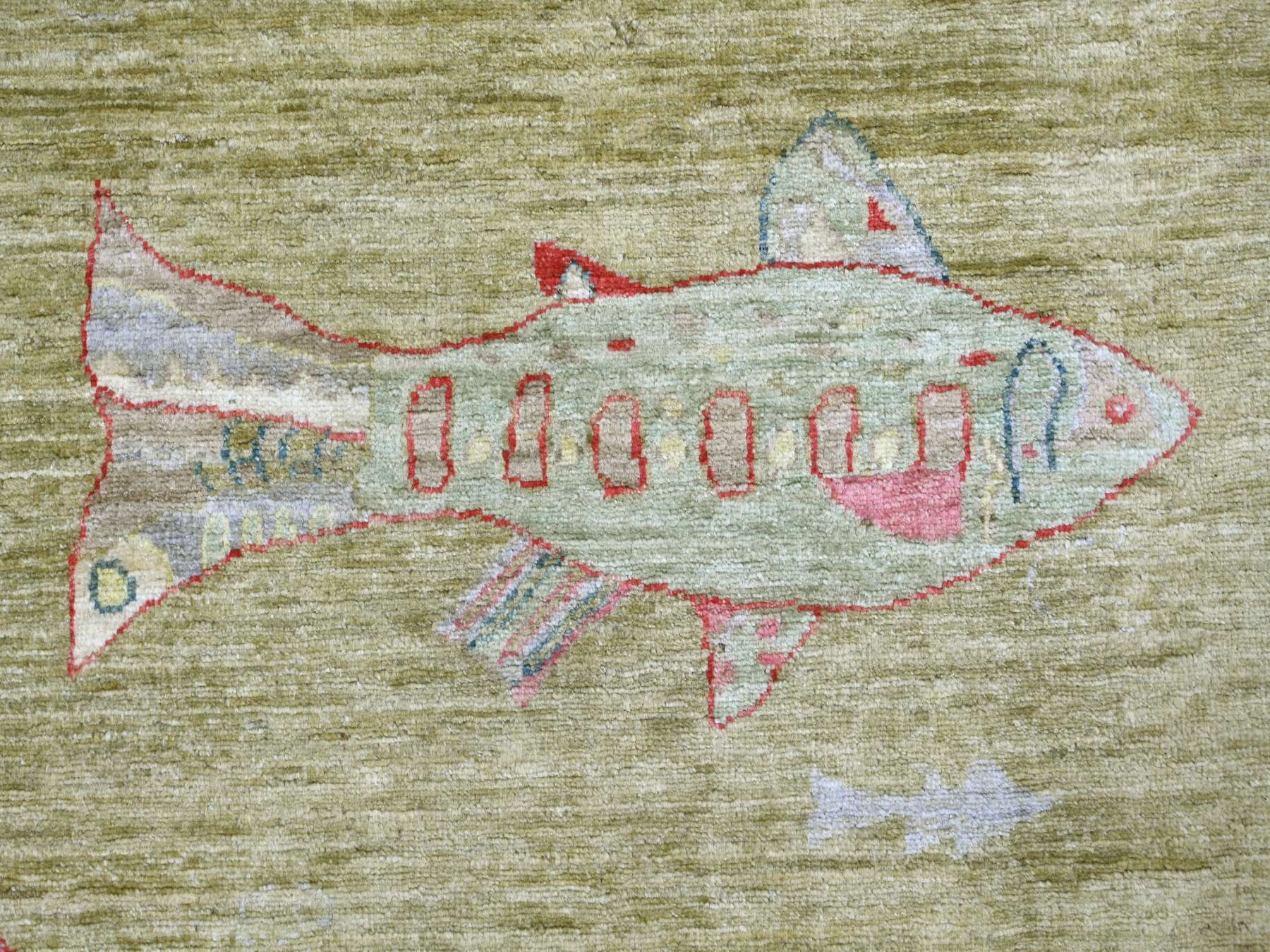 8'2"x9'9" Swamp Green, Hand Knotted, Afghan Peshawar with Colorful Oceanic Fish Design, Natural Dyes, Pure Wool, Oriental Rug HR21620 - Image 8
