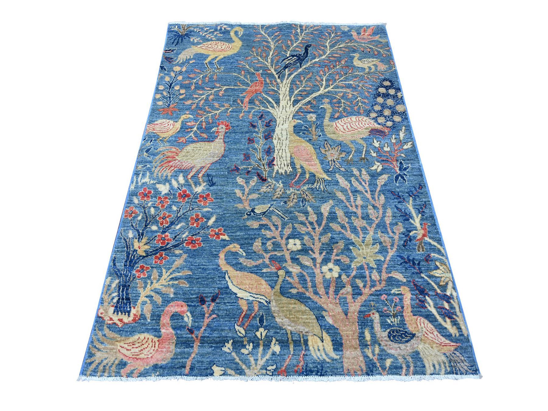 4'x6' Bayern Blue, Afghan Peshawar with Birds of Paradise Design, Vegetable Dyes, Hand Knotted, Soft and Shiny Wool, Oriental Rug HR21631