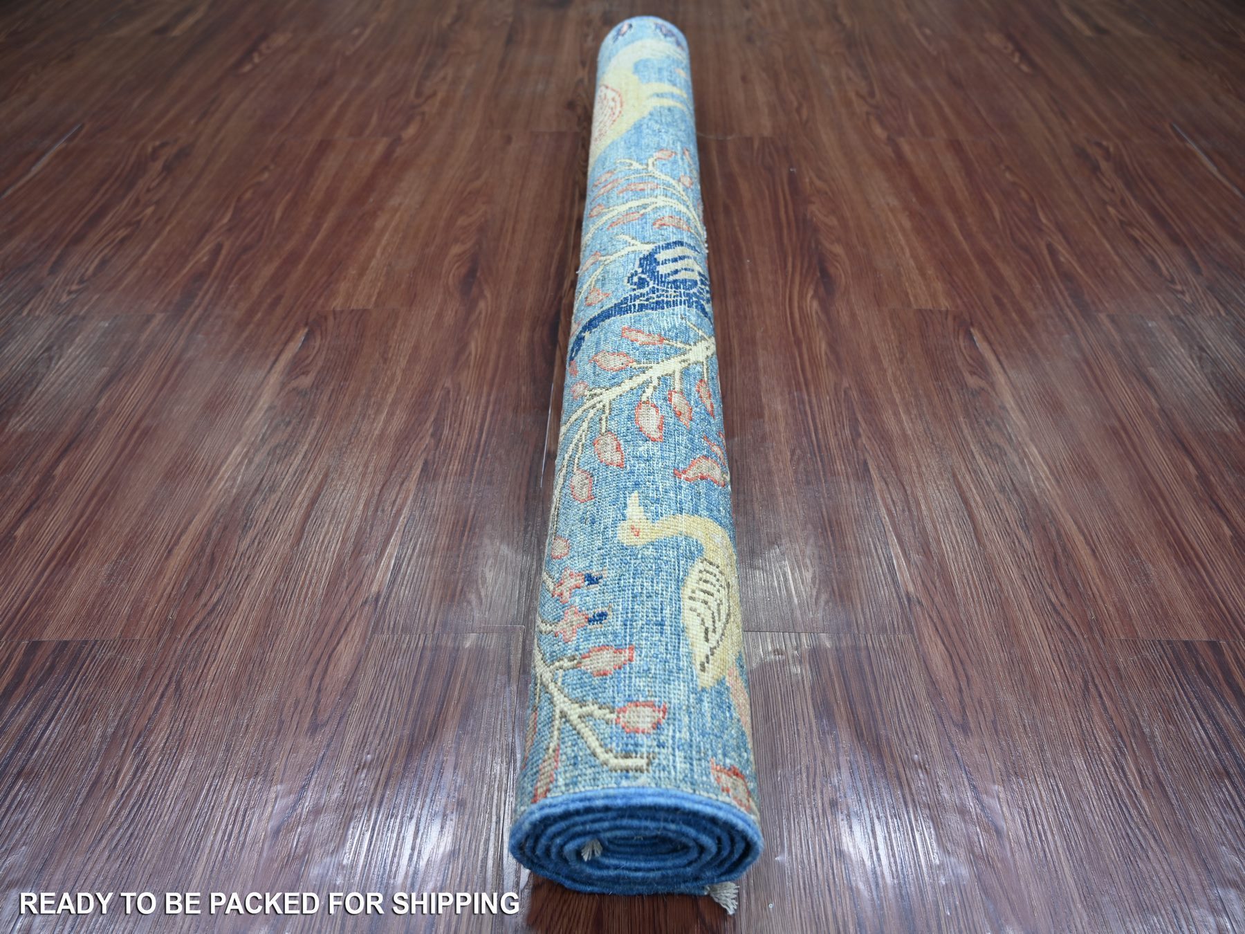 4'x6' Bayern Blue, Afghan Peshawar with Birds of Paradise Design, Vegetable Dyes, Hand Knotted, Soft and Shiny Wool, Oriental Rug HR21631 - Image 4