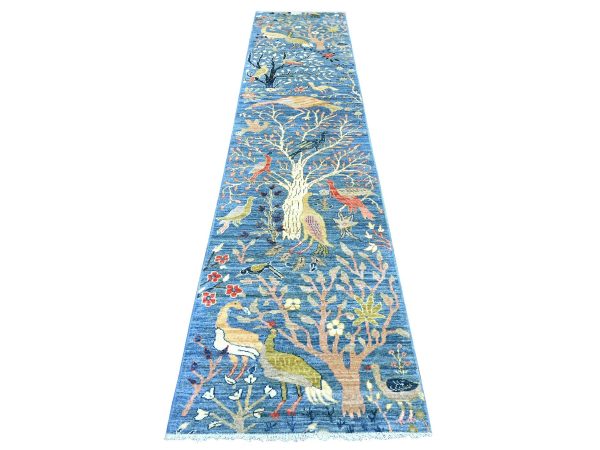 2'7"x11'9" Bayern Blue, Afghan Peshawar with Colorful Birds of Paradise Design, Vegetable Dyes, Hand Knotted, Soft and Shiny Wool, Runner, Oriental Rug HR21634