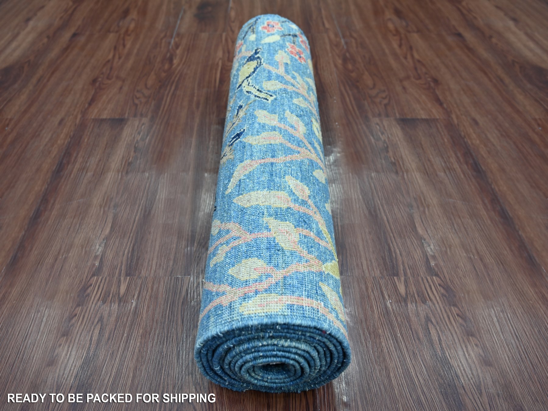 2'7"x11'9" Bayern Blue, Afghan Peshawar with Colorful Birds of Paradise Design, Vegetable Dyes, Hand Knotted, Soft and Shiny Wool, Runner, Oriental Rug HR21634 - Image 4