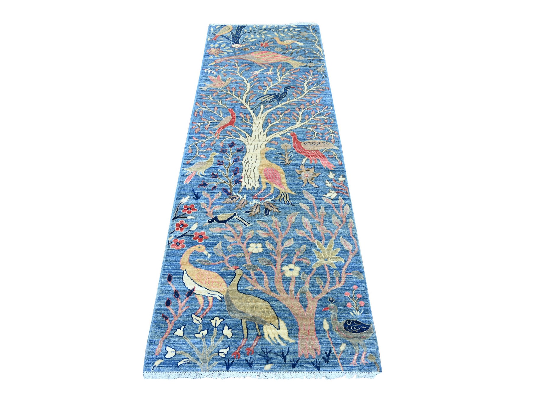 2'8"x7'10" Bayern Blue, Soft and Shiny Wool, Afghan Peshawar with Birds of Paradise Design, Vegetable Dyes, Hand Knotted, Runner, Oriental Rug HR21637