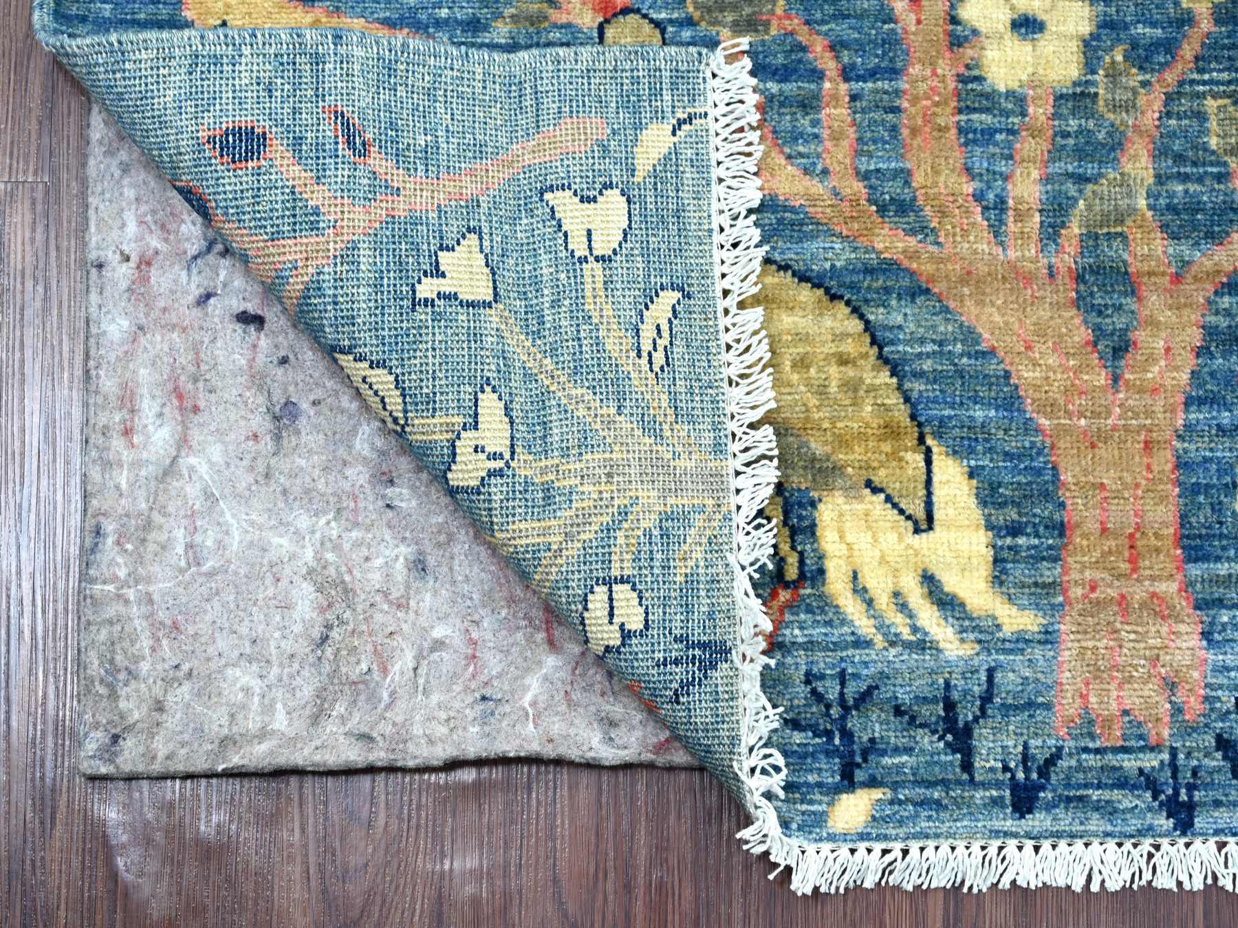 2'8"x7'10" Bayern Blue, Soft and Shiny Wool, Afghan Peshawar with Birds of Paradise Design, Vegetable Dyes, Hand Knotted, Runner, Oriental Rug HR21637 - Image 2