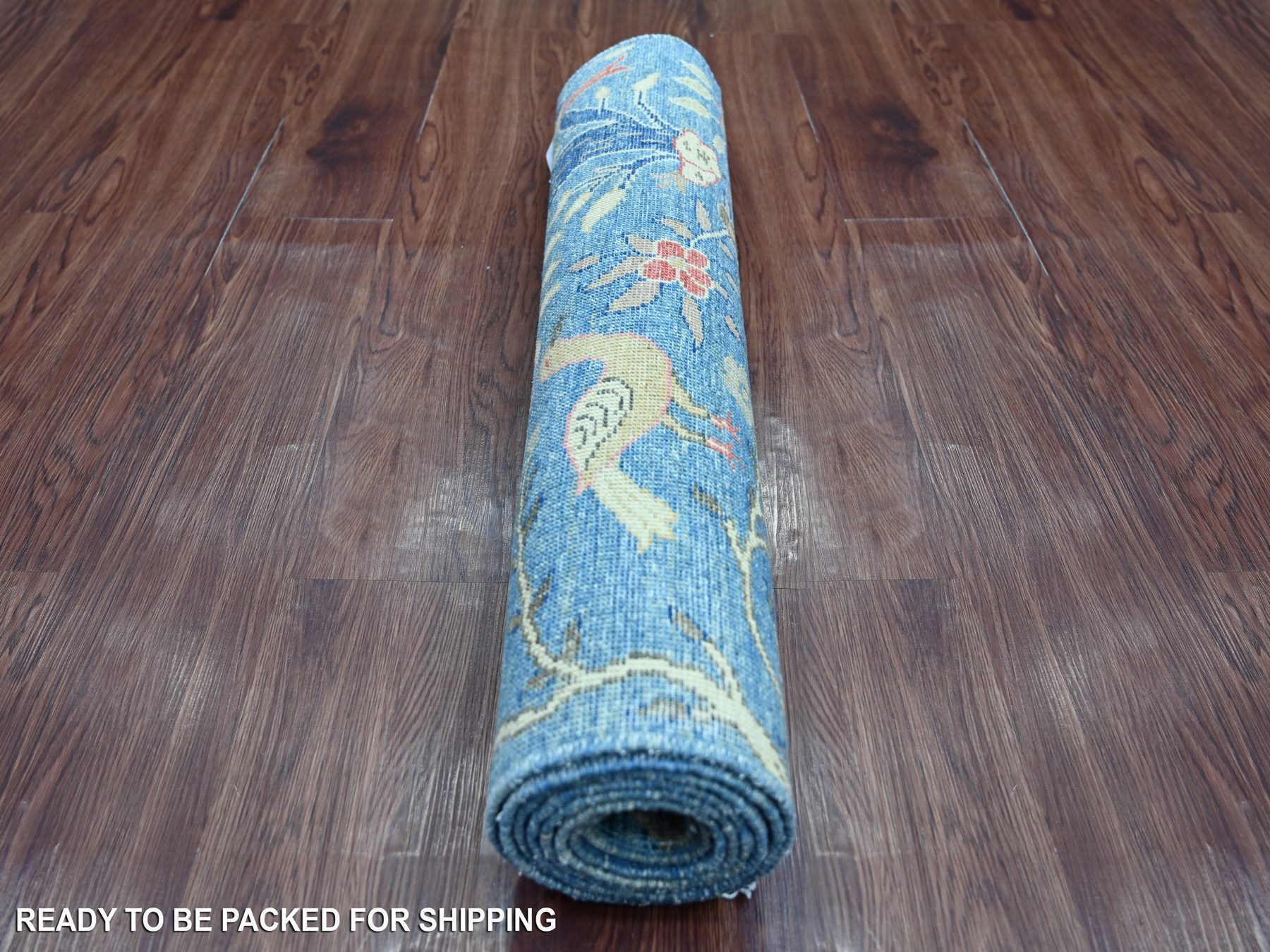 2'8"x7'10" Bayern Blue, Soft and Shiny Wool, Afghan Peshawar with Birds of Paradise Design, Vegetable Dyes, Hand Knotted, Runner, Oriental Rug HR21637 - Image 4