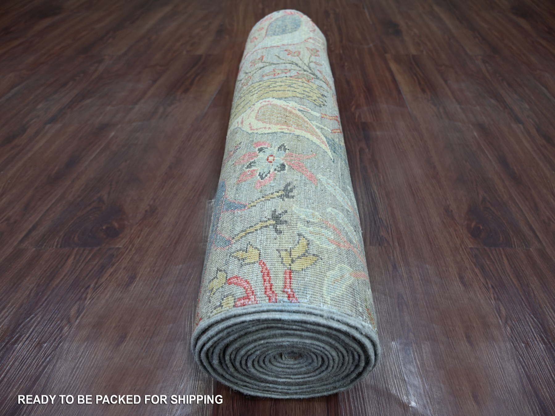 3'x21'4" Spanish Gray, Afghan Peshawar with Birds of Paradise Design, Hand Knotted, Soft and Velvety Wool, Vegetable Dyes, XL Runner, Oriental Rug HR21638 - Image 4
