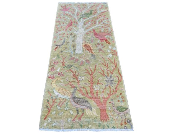 2'7"x6' Olive Green, Hand Knotted, Afghan Peshawar with Colorful Birds of Paradise Design, Soft Wool, Vegetable Dyes, Runner, Oriental Rug HR21640