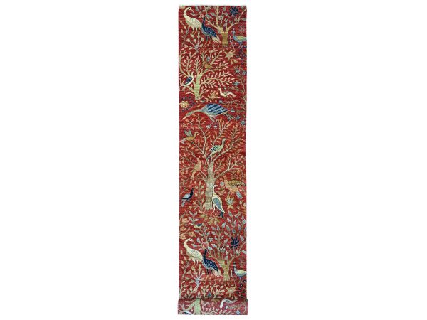 2'7"x19'9" Crimson Red, Afghan Peshawar with Birds of Paradise Design, Hand Knotted, Soft and Shiny Wool, Vegetable Dyes, XL Runner, Oriental Rug HR21647
