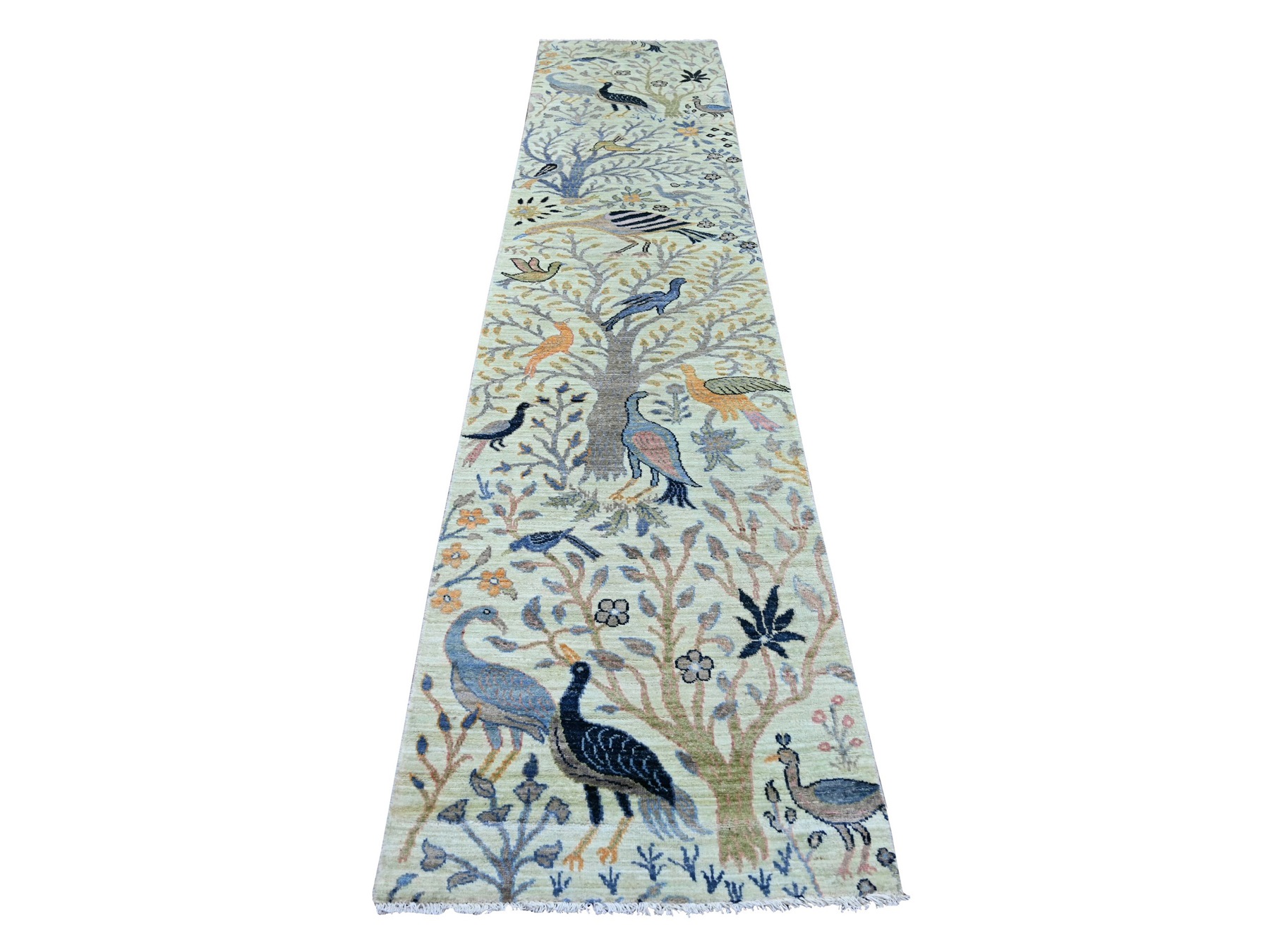 2'7"x12'3" Pistachio Green, Afghan Peshawar with Birds of Paradise Design, Hand Knotted, Soft Wool, Natural Dyes, Runner, Oriental Rug HR21648
