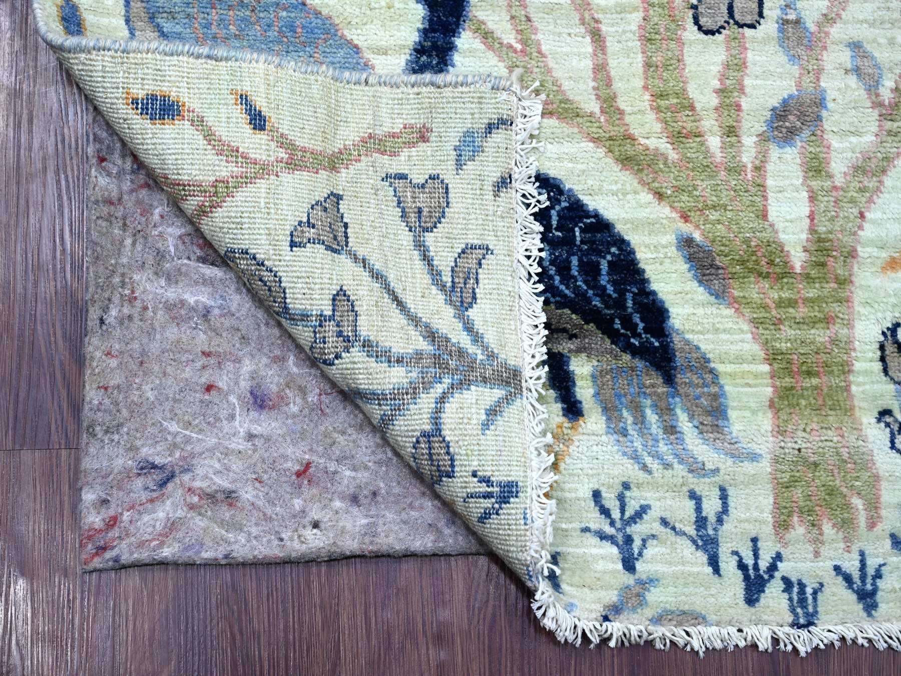 2'7"x12'3" Pistachio Green, Afghan Peshawar with Birds of Paradise Design, Hand Knotted, Soft Wool, Natural Dyes, Runner, Oriental Rug HR21648 - Image 2
