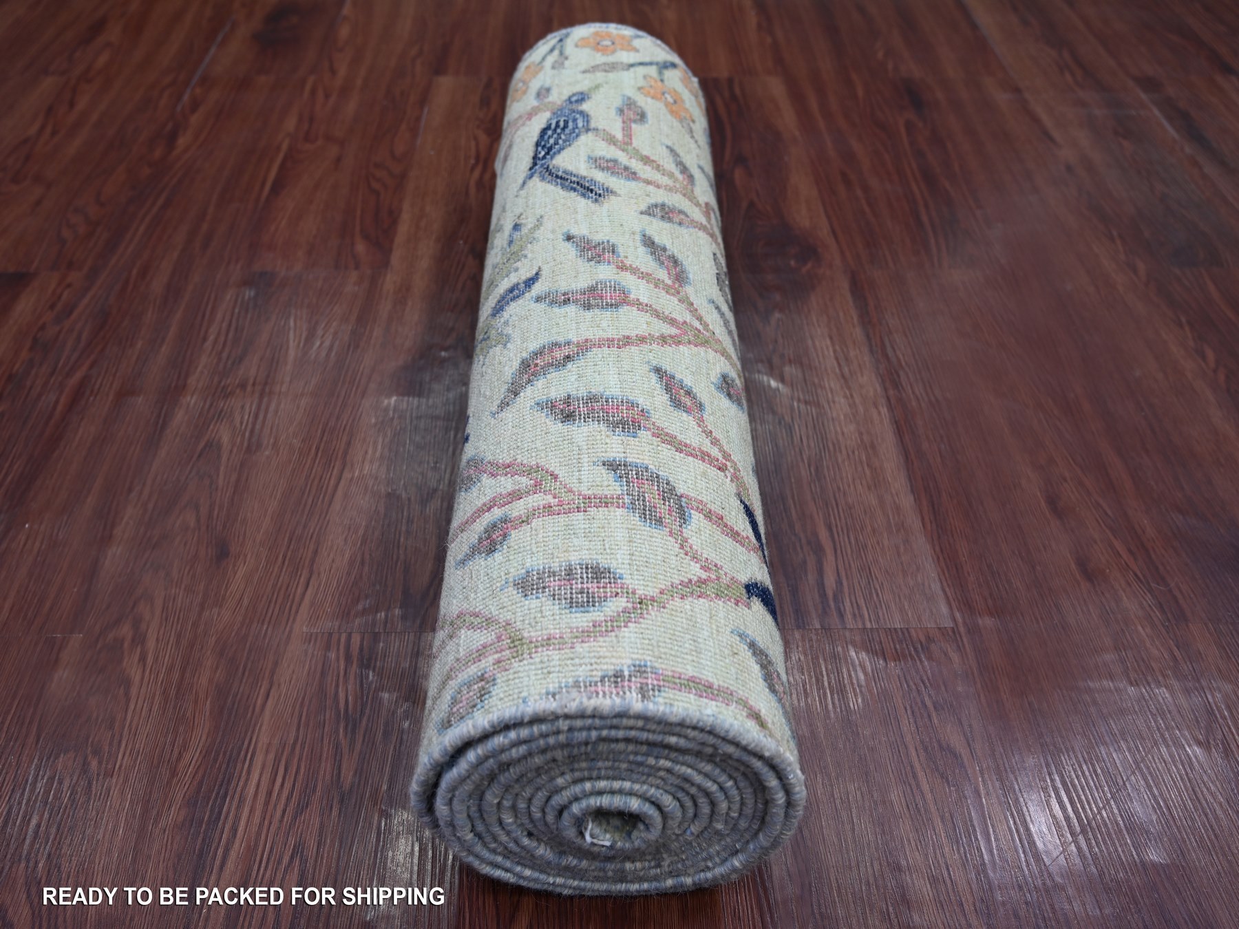 2'7"x12'3" Pistachio Green, Afghan Peshawar with Birds of Paradise Design, Hand Knotted, Soft Wool, Natural Dyes, Runner, Oriental Rug HR21648 - Image 4