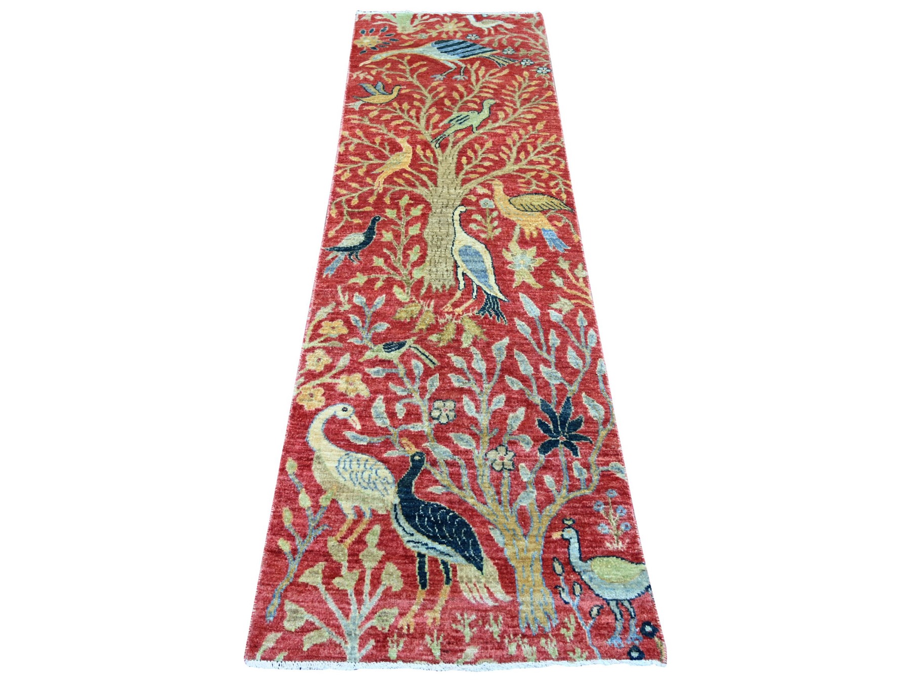 2'6"x8'1" Crimson Red, Hand Knotted, Afghan Peshawar with Birds of Paradise Design, Soft and Shiny Wool, Vegetable Dyes, Runner, Oriental Rug HR21652
