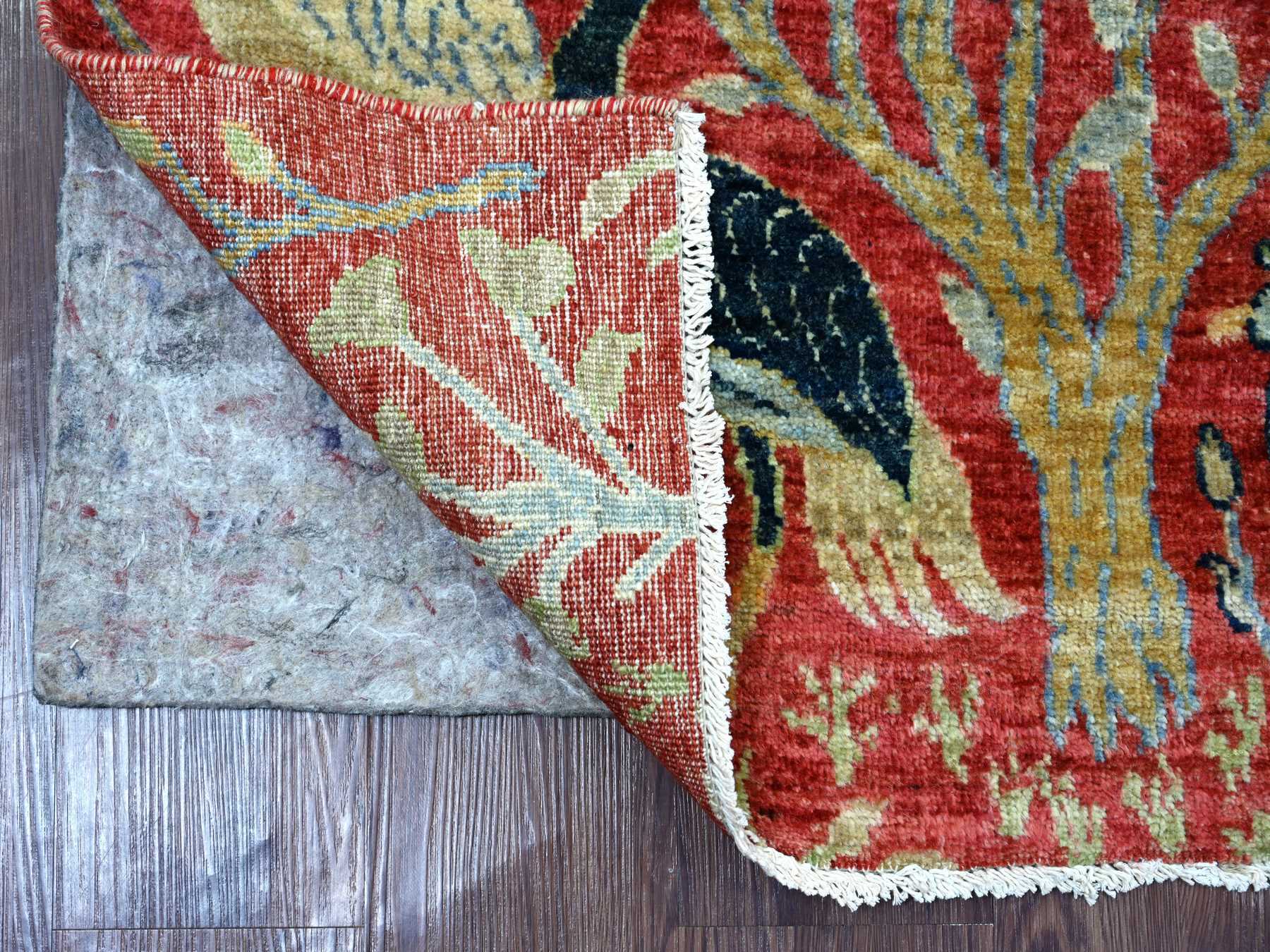 2'6"x8'1" Crimson Red, Hand Knotted, Afghan Peshawar with Birds of Paradise Design, Soft and Shiny Wool, Vegetable Dyes, Runner, Oriental Rug HR21652 - Image 2