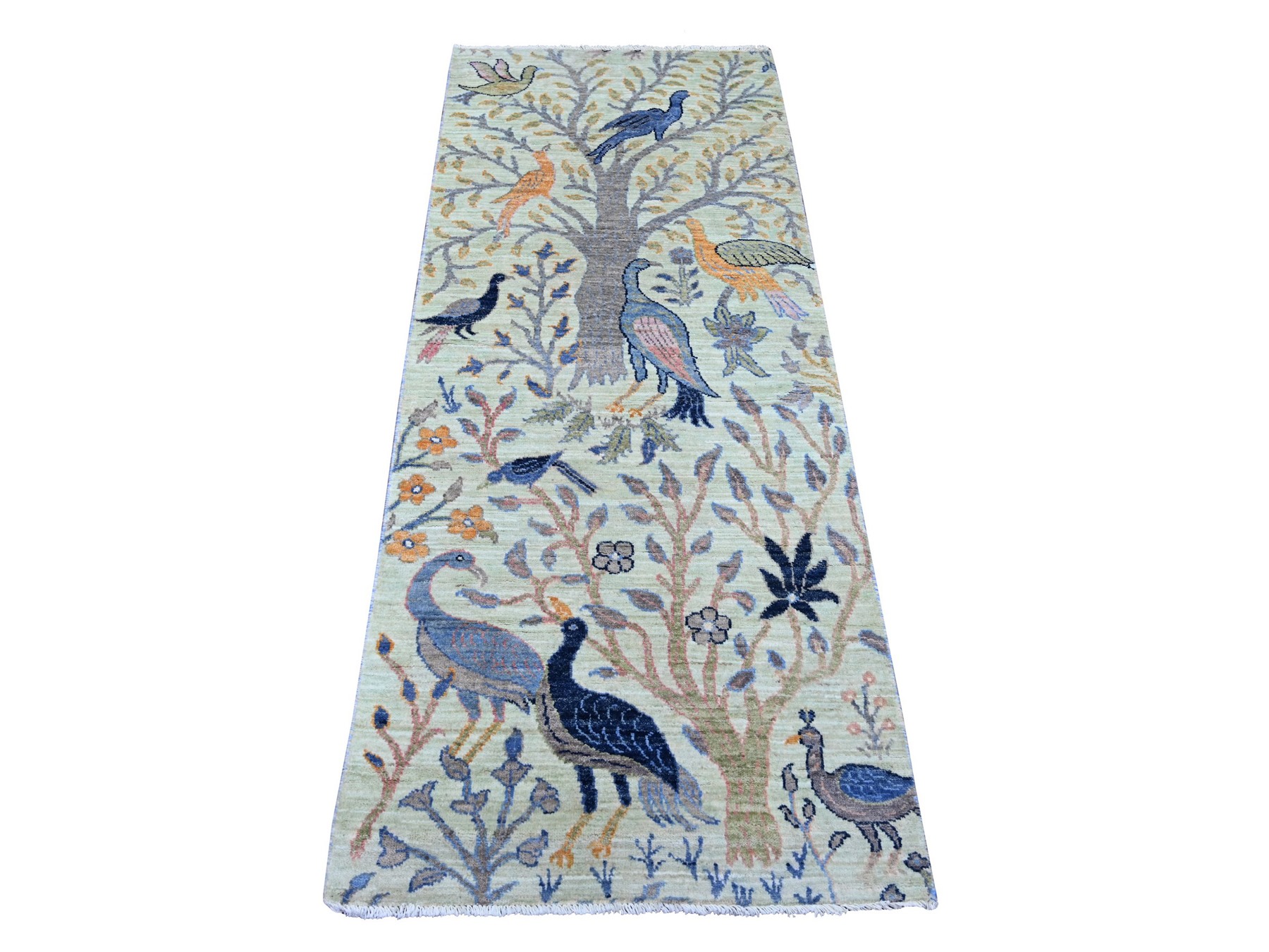 2'7"x6'2" Pistachio Green, Afghan Peshawar with Birds of Paradise Design, Hand Knotted, Soft and Shiny Wool, Vegetable Dyes, Runner, Oriental Rug HR21654