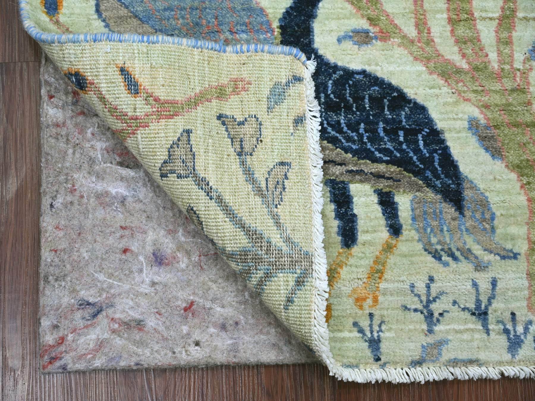 2'7"x6'2" Pistachio Green, Afghan Peshawar with Birds of Paradise Design, Hand Knotted, Soft and Shiny Wool, Vegetable Dyes, Runner, Oriental Rug HR21654 - Image 2
