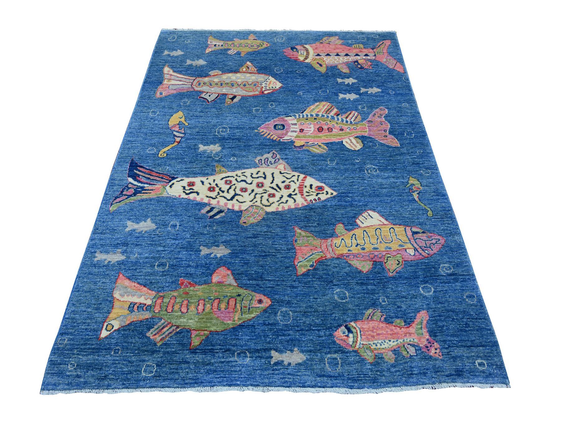 5'x6'10" Bayern Blue, Afghan Peshawar with Colorful Oceanic Fish Design, Soft and Shiny Wool, Hand Knotted, Oriental Rug HR21657