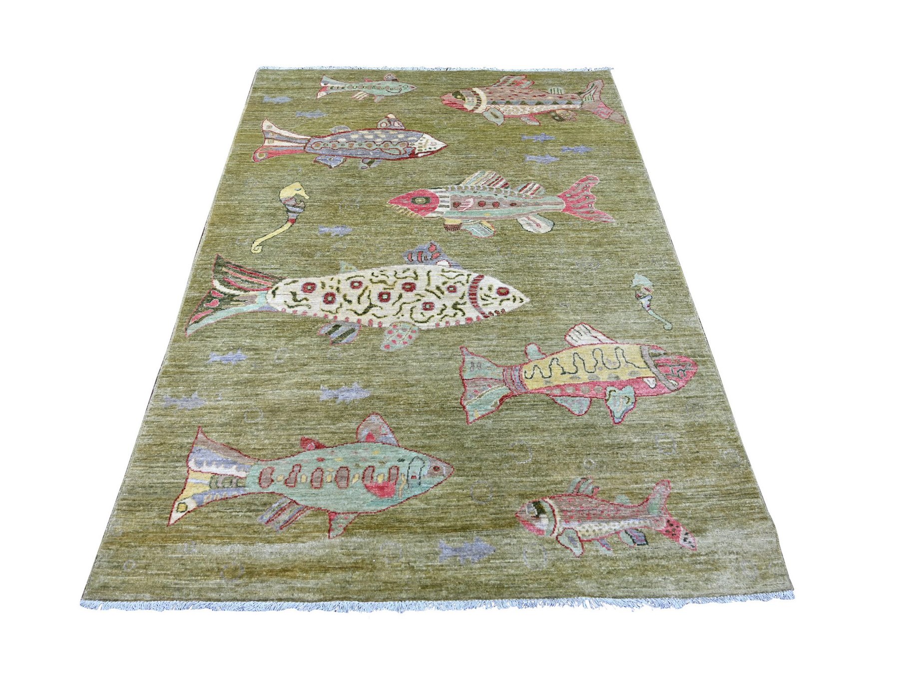 5'x6'10" Swamp Green, Afghan Peshawar with Colorful Oceanic Fish Design, Natural Dyes, Hand Knotted, Pure Wool, Oriental Rug HR21661