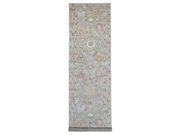4'x15'8" Light Green, Vegetable Dyes, Afghan Angora Oushak with All Over Leaf Design, Hand Knotted, 100% Wool, Wide Runner, OrienHRl Rug