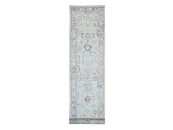 3'7"x19'7" Light Blue, Afghan Angora Oushak with All Over Leaf Design, Vegetable Dyes, Hand Knotted, 100% Wool, XL Runner, Oriental Rug HR21687