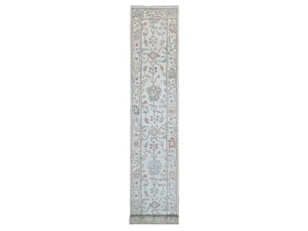 2'10"x20'4"  Pearl White, Afghan Angora Oushak with All Over Leaf Design, Vegetable Dyes, Hand Knotted, 100% Wool, XL Runner, Oriental Rug HR21692
