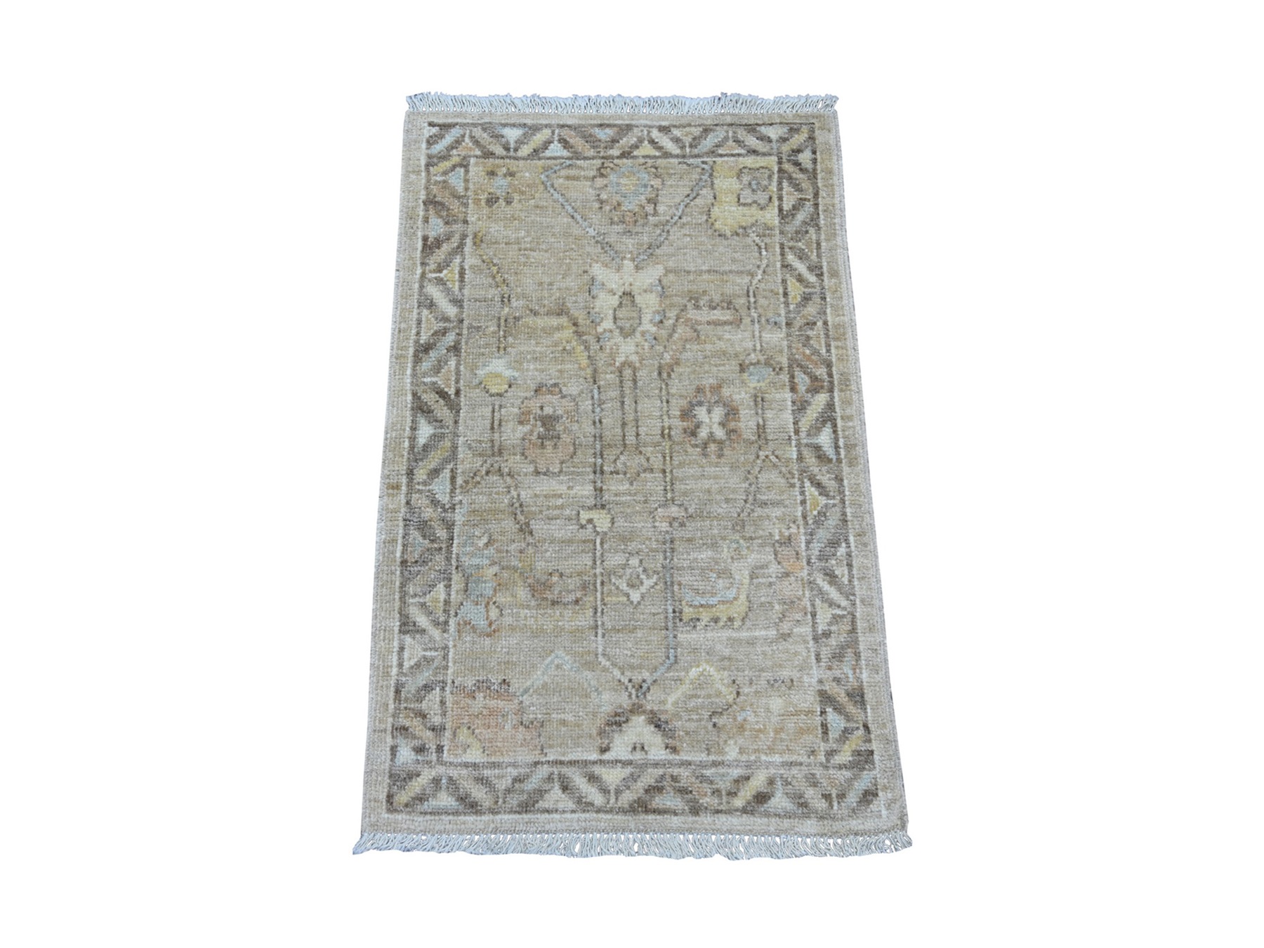 2'x3'1" Light Brown, Hand Knotted, 100% Wool, Vegetable Dyes, Afghan Angora Oushak with All Over Vines Design, Mat, Sample, Oriental Rug HR21695