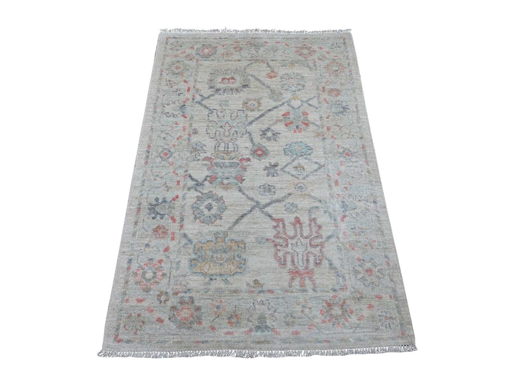 3'3"x5' Light Gray, Afghan Angora Oushak with All Over Leaf Design, Natural Dyes, Hand Knotted, 100% Wool, Oriental Rug HR21699