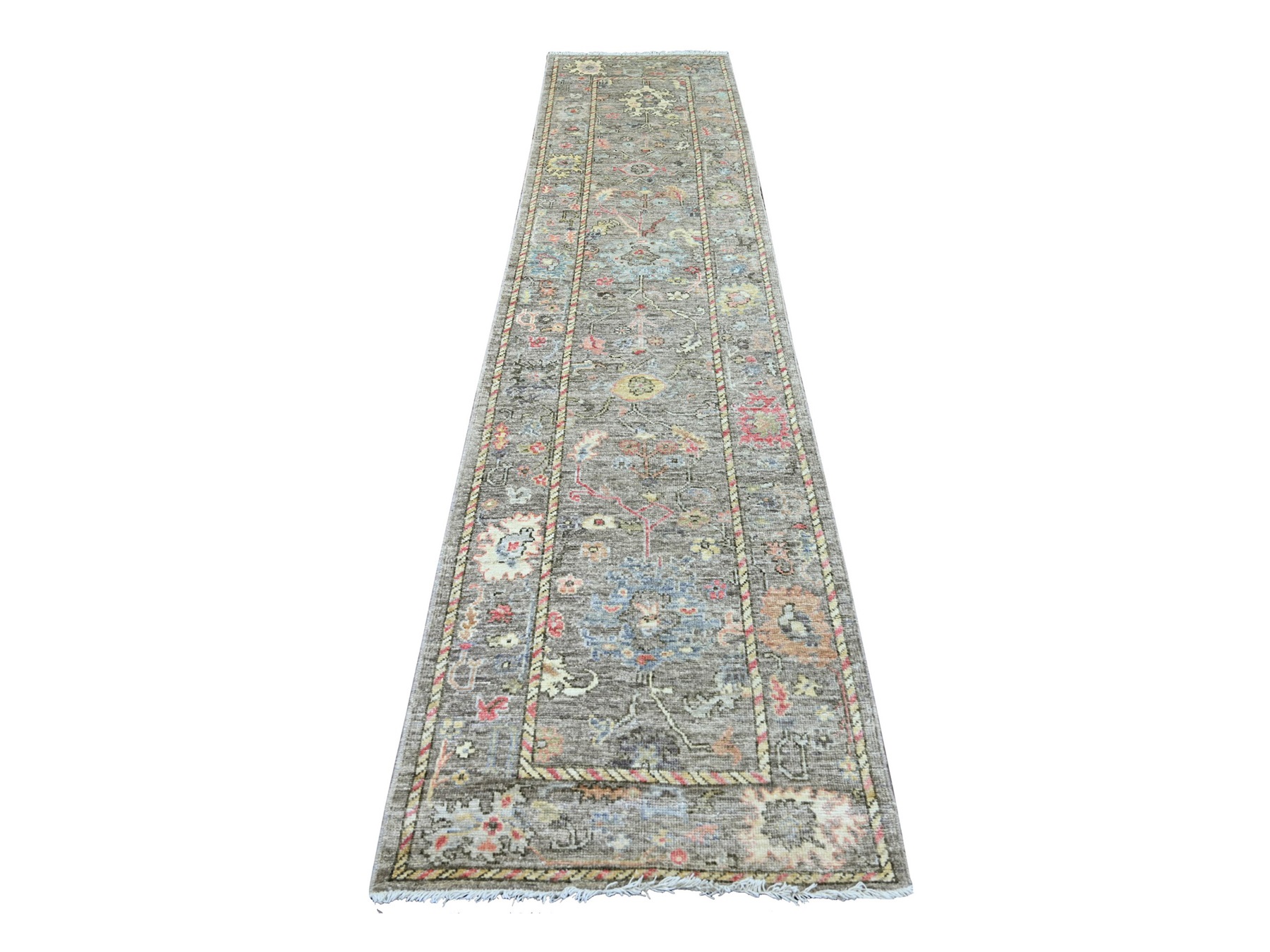 2'7"x11'6" Tortilla Brown, Afghan Angora Oushak with All Over Leaf Design, Natural Dyes, Hand Knotted, 100% Wool, Runner, Oriental Rug HR21701