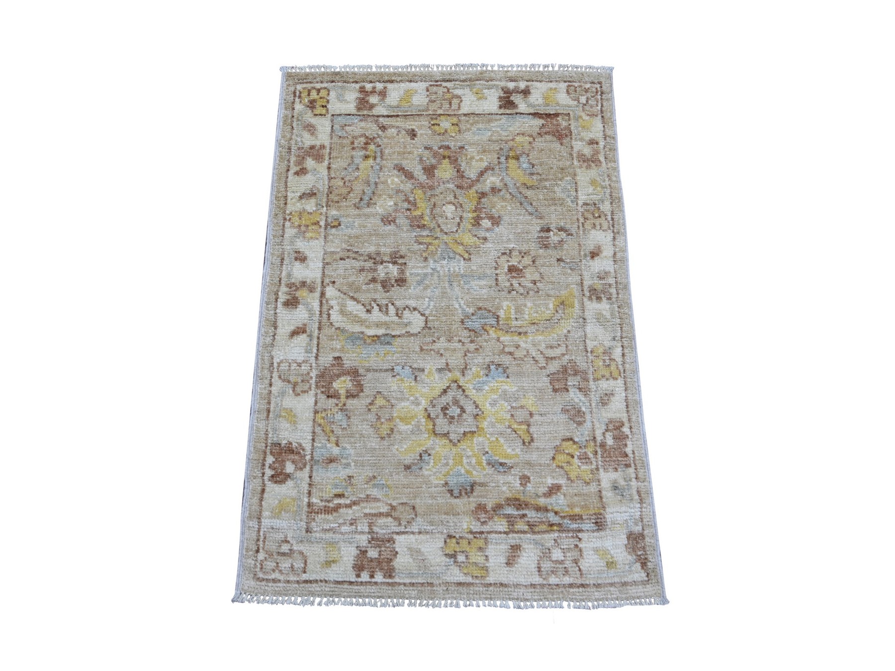 2'x3' Light Brown, Afghan Angora Oushak with Colorful Leaf Design, Hand Knotted, 100% Wool, Mat, Sample, Oriental Rug HR21754