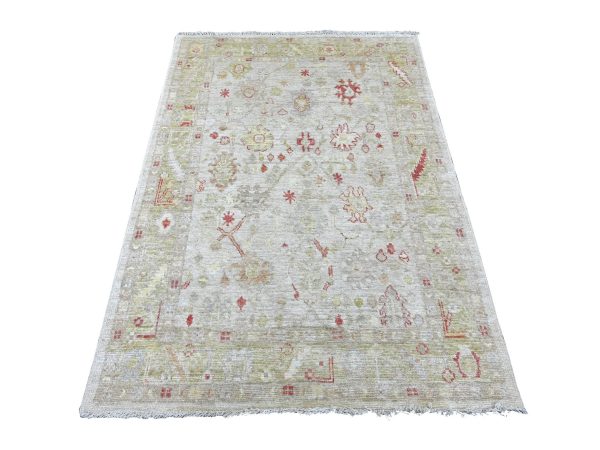 4'2"x6' Light Gray, Afghan Angora Oushak with All Over Leaf Design, Hand Knotted, Vegetable Dyes, 100% Wool, Oriental Rug HR21757