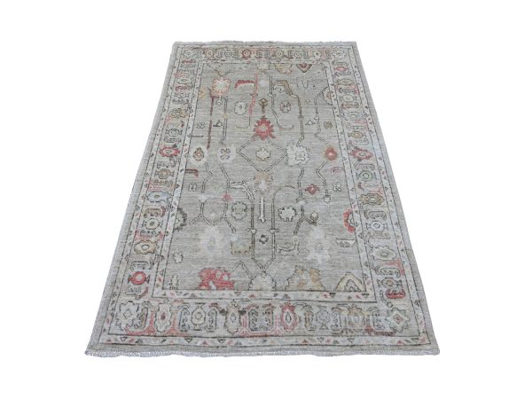 4'2"x6'3" Spanish Gray, Afghan Angora Oushak with All Over Vines Design, Vegetable Dyes, Hand Knotted, 100% Wool, Oriental Rug HR21758
