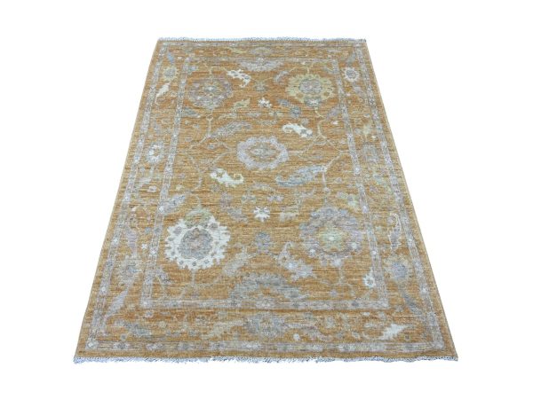 4'2"x5'10" Golden Brown, Natural Dyes, 100% Wool, Afghan Angora Oushak with All Over Leaf Design, Hand Knotted, Oriental Rug HR21759