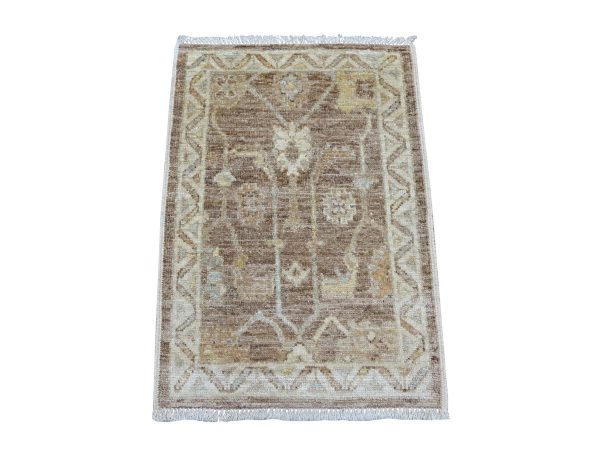 2'1"x3' Cedar Brown, Natural Dyes, Afghan Angora Oushak with All Over Leaf Design, 100% Wool, Hand Knotted, Mat, Sample, Oriental Rug HR21761