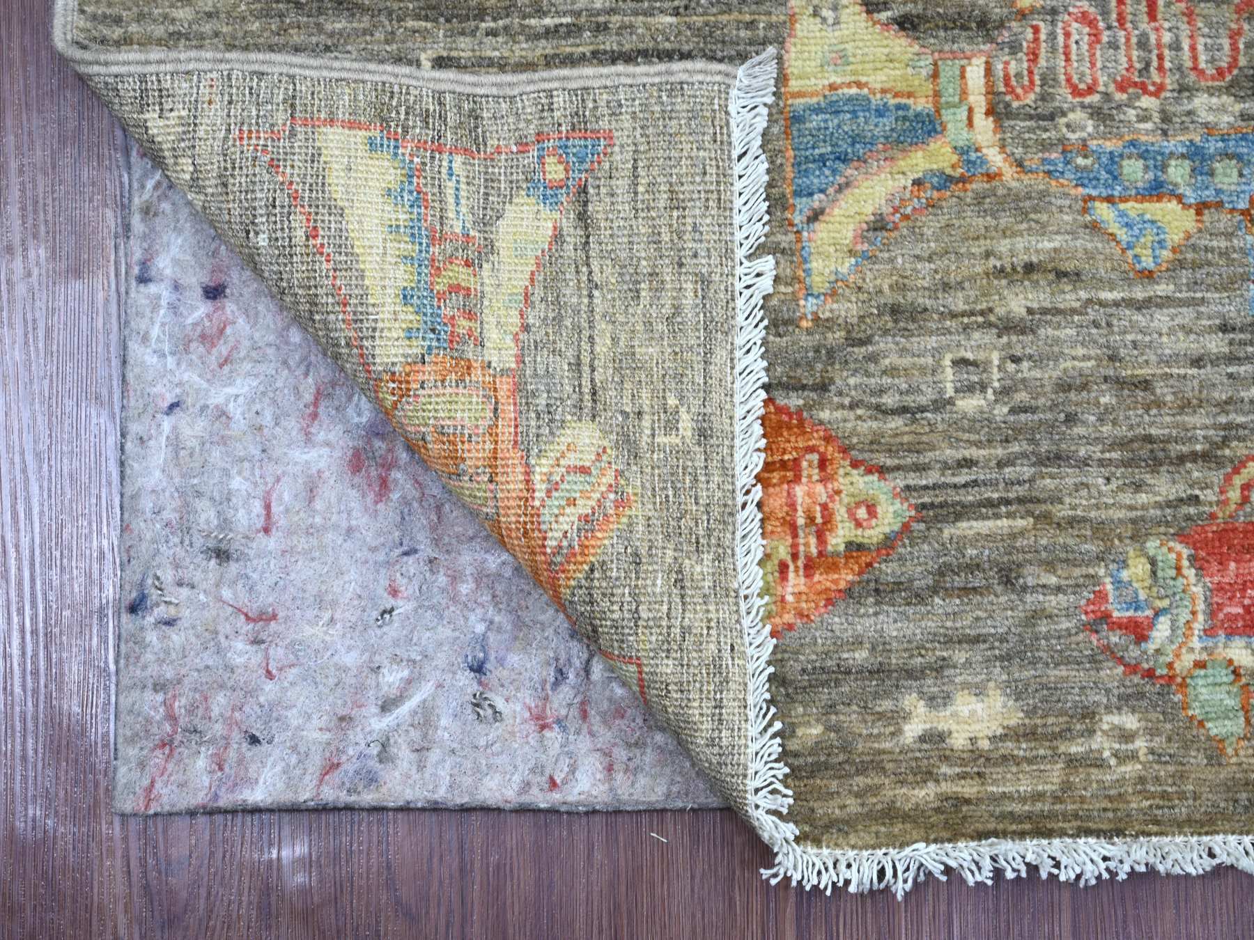 2'6"x9'7" Stone Gray, Afghan Peshawar with Colorful Oceanic Fish Design, Hand Knotted, Soft and Velvety Wool, Runner, Oriental Rug HR21767 - Image 2