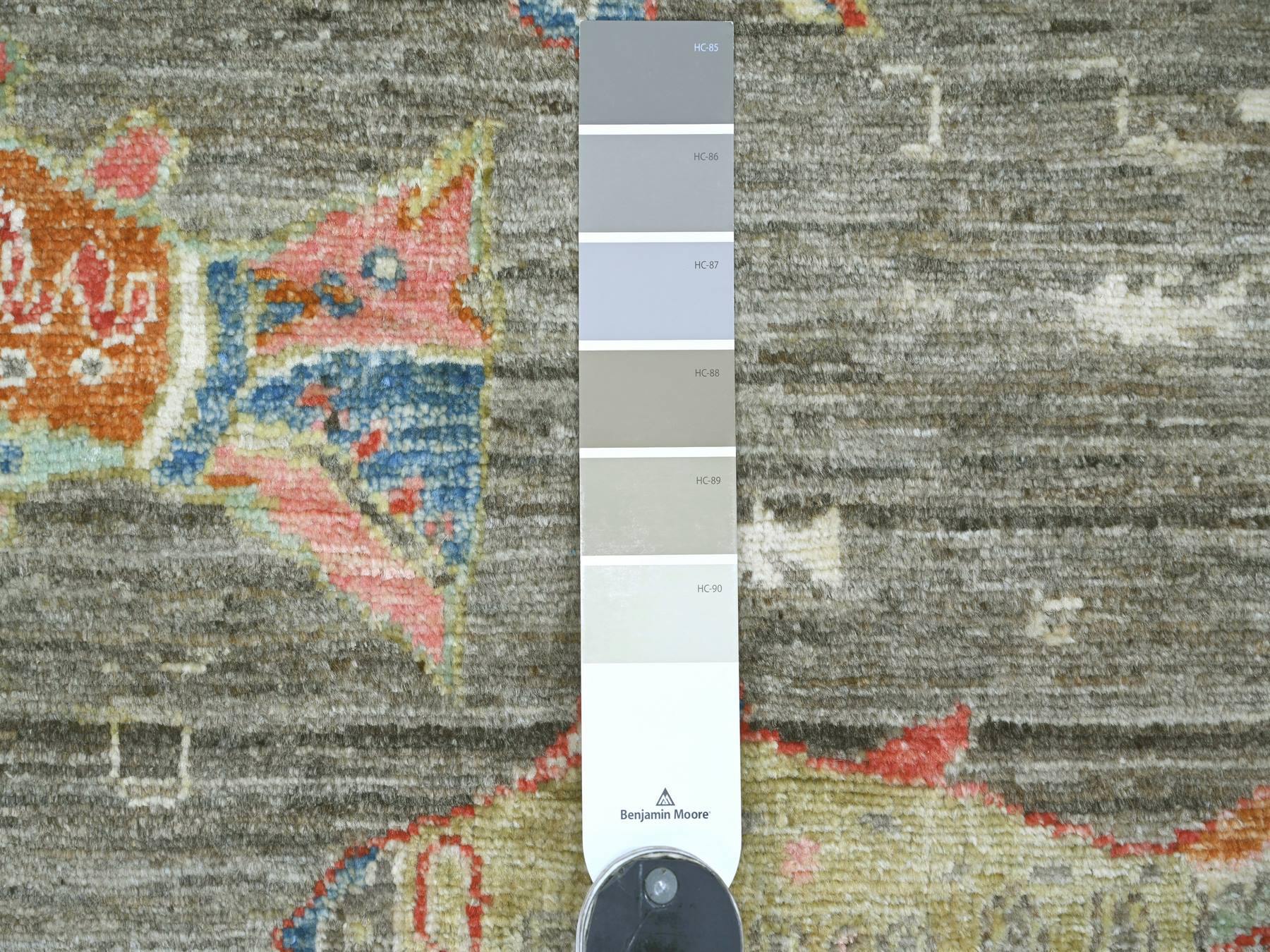 2'6"x9'7" Stone Gray, Afghan Peshawar with Colorful Oceanic Fish Design, Hand Knotted, Soft and Velvety Wool, Runner, Oriental Rug HR21767 - Image 3