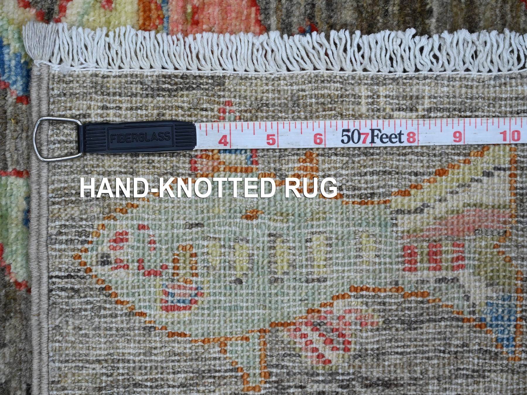 2'6"x9'7" Stone Gray, Afghan Peshawar with Colorful Oceanic Fish Design, Hand Knotted, Soft and Velvety Wool, Runner, Oriental Rug HR21767 - Image 6