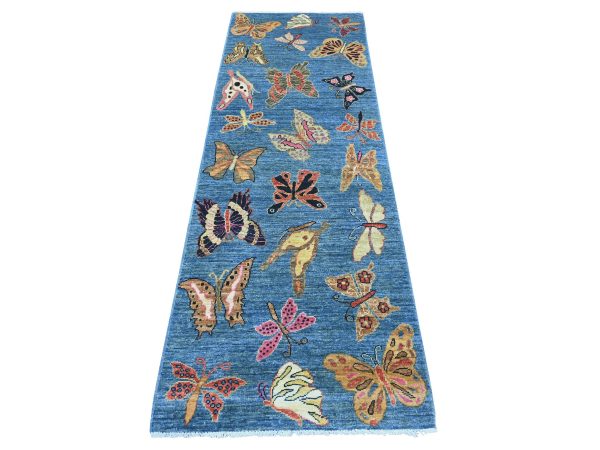 2'8"x7'10" Imperial Blue, Afghan Peshawar with Colorful Butterfly Design, Soft and Shiny Wool, Hand Knotted, Runner, Oriental Rug HR21789
