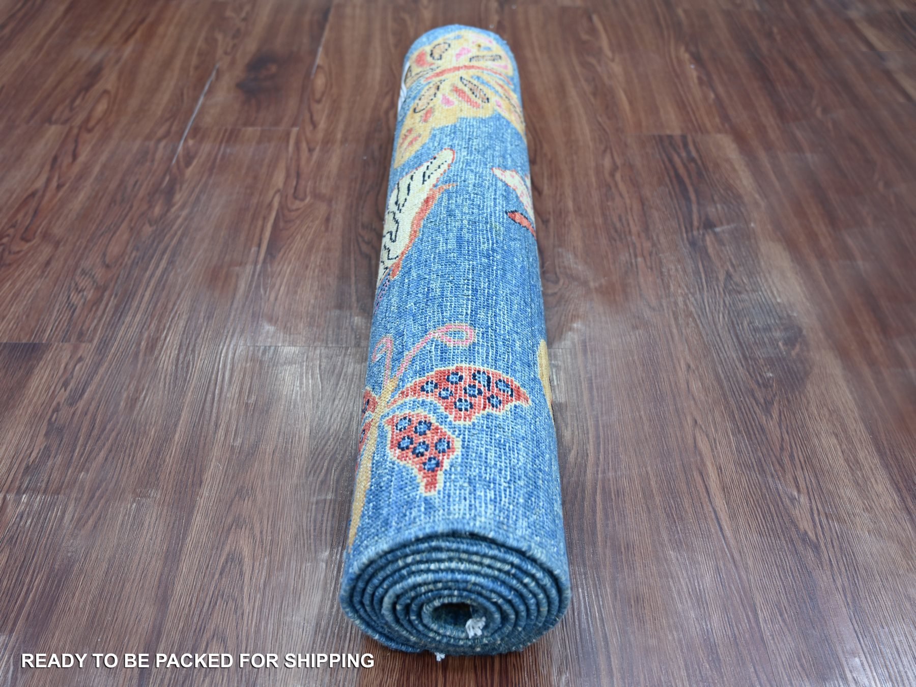 2'8"x7'10" Imperial Blue, Afghan Peshawar with Colorful Butterfly Design, Soft and Shiny Wool, Hand Knotted, Runner, Oriental Rug HR21789 - Image 4