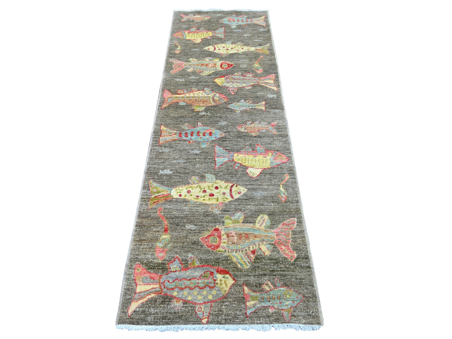 2'6"x7'10" Brown, Afghan Peshawar with Colorful Oceanic Fish Design, Hand Knotted, Soft and Velvety Wool, Runner, Oriental Rug HR21838