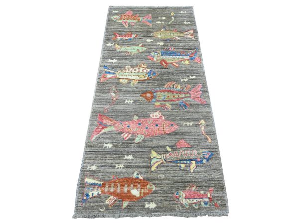 2'7"x5'10" Brown, Hand Knotted, Afghan Peshawar with Colorful Oceanic Fish Design, Soft and Velvety Wool, Runner, Oriental Rug HR21843