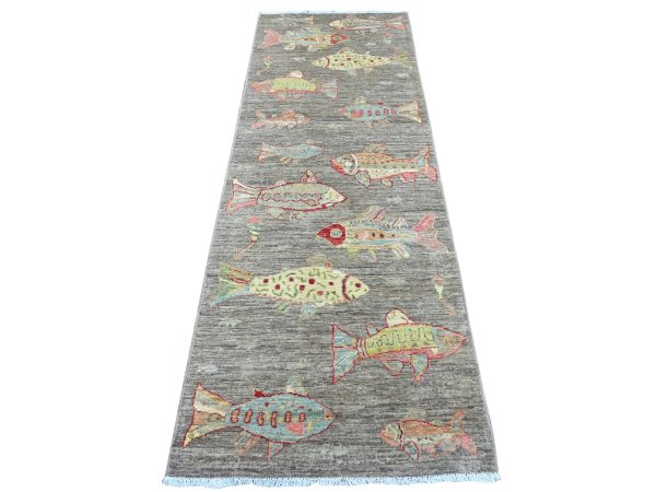 2'9"x8' Brown, Afghan Peshawar with Colorful Oceanic Fish Design, Soft and Velvety Wool, Hand Knotted, Runner, Oriental Rug HR21858
