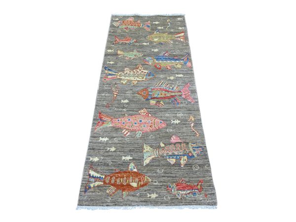 2'7"x6' Brown, Afghan Peshawar with Colorful Oceanic Fish Design, Soft and Velvety Wool, Hand Knotted, Runner, Oriental Rug HR21860